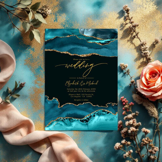 Convites Código QR de Casamento de Teal e Agato Dourado (Elegant Teal and Gold Agate Wedding QR Code Invitation)