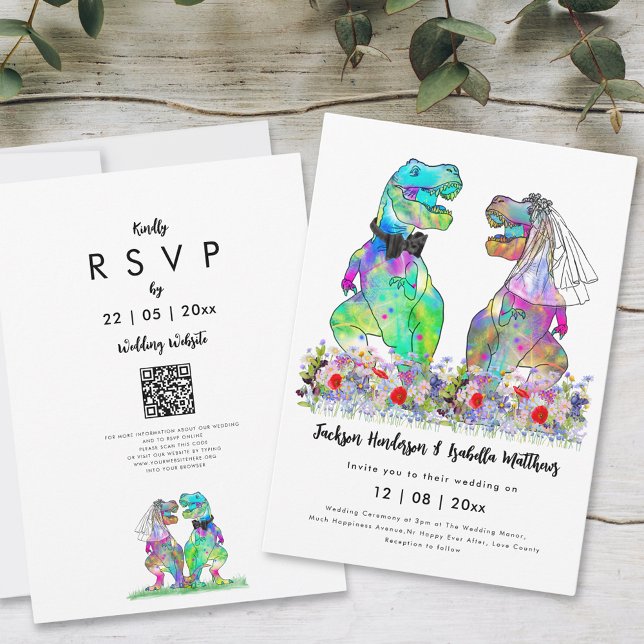 Convites Código QR de Casamento de Tema do Dinossauro (Dinosaur wedding inviation colorful funny T-Rex bride and groom with wildflowers)