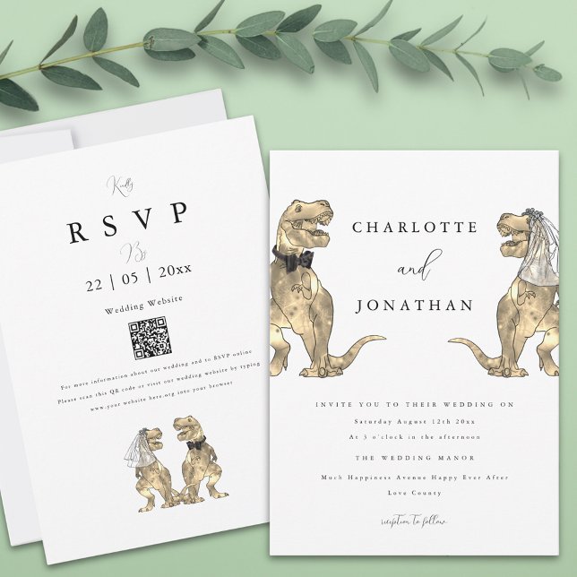 Convites Código QR de Casamento de Tema do Dinossauro (T-Rex bride and groom funny dinosaur wedding qr code invitation )