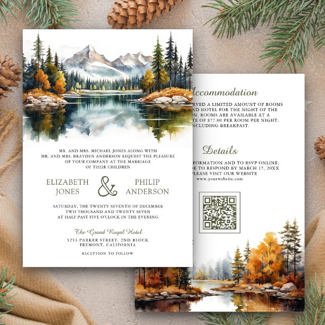 Convites Código QR de Casamento do Lago da Floresta da Mont (Criador carregado)