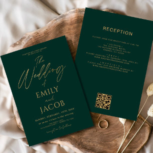 Convites Código QR de Casamento Dourado Emerald Green