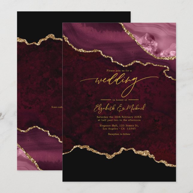 Convites Código QR de Casamento Elegante em Burgundy e Dour (Frente/Verso)