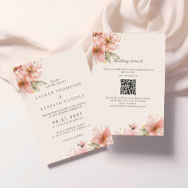 Convites Código QR de casamento elegante em rosa com flores
