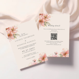 Convites Código QR de casamento elegante em rosa com flores