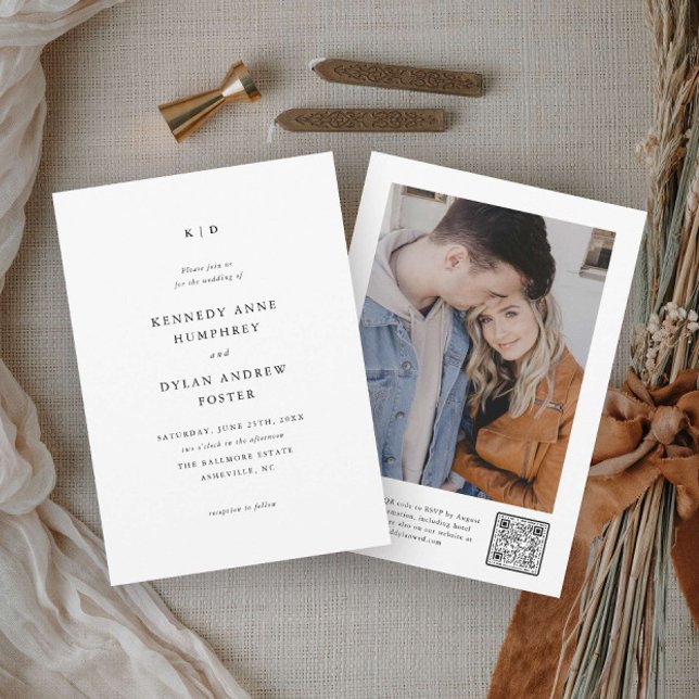 Convites Código QR de casamento elegante preto e branco sim (Simple minimalist black and white wedding invitations with QR code rsvp and photo on the back.)