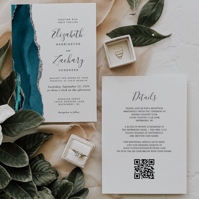 Convites Código QR de Casamento em Ágata Prateada Verde Tur (Criador carregado)