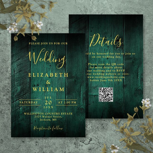 Convites Código QR de Casamento em Madeira de Celeiro Rústi (Emerald Green Rustic Barn Wood Wedding QR Code Invitation)
