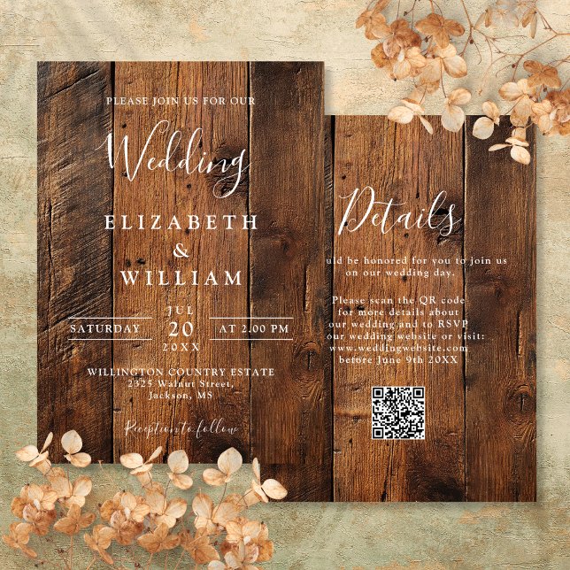 Convites Código QR de casamento em madeira de celeiro rústi (Modern Rustic Barn Wood Wedding QR Code Invitation)