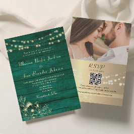 Convites Código QR de Casamento em Madeira Rústica Verde Es