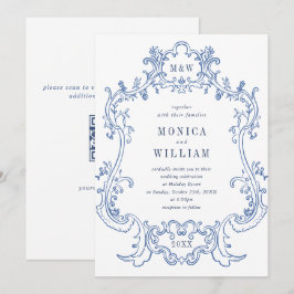 Convites Código QR de casamento em moldura azul empoeirada 