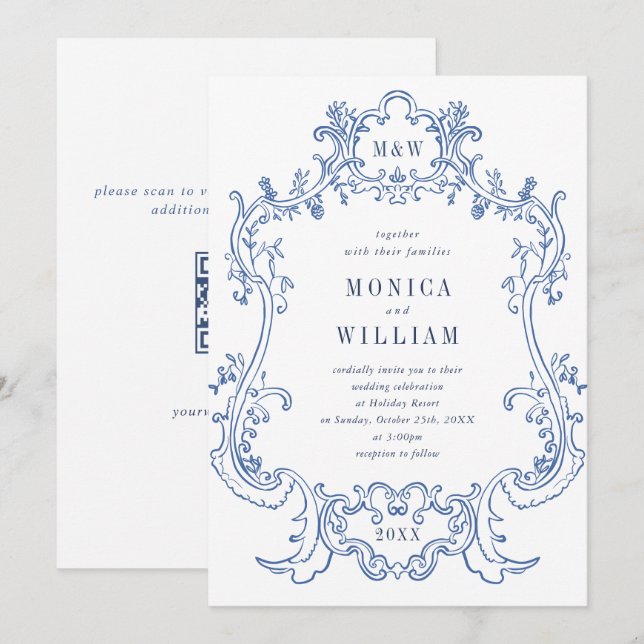 Convites Código QR de casamento em moldura azul empoeirada  (Frente/Verso)