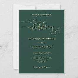Convites Código QR de Casamento Emerald And Gold Heart Scri