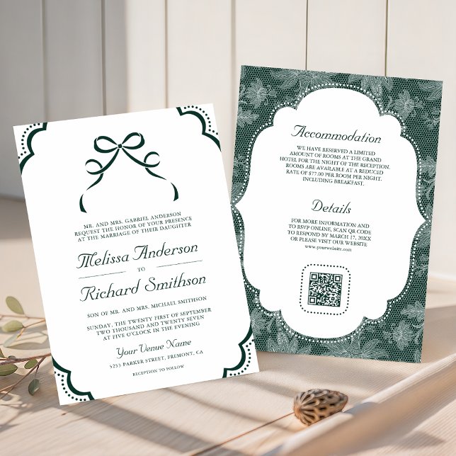 Convites Código QR de casamento Emerald White Lace Coquette (Criador carregado)