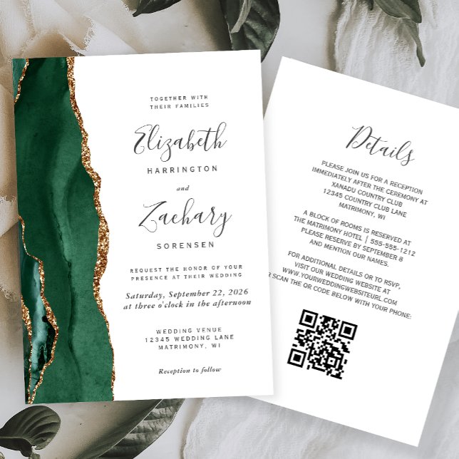 Convites Código QR de Casamento Esmeralda Verde Ágata Doura (Criador carregado)