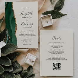 Convites Código QR de Casamento Esmeralda Verde Ouro Ágata