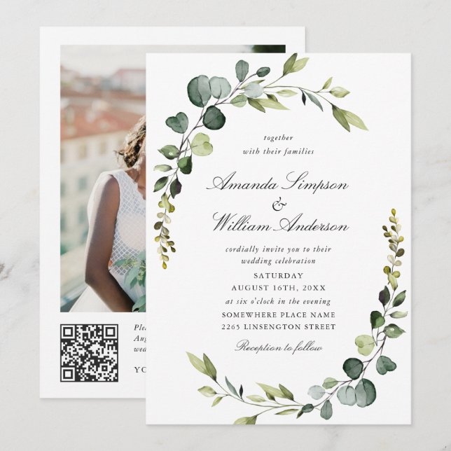 Convites Código QR de Casamento Eucalyptus de Aquarela Eleg (Frente/Verso)