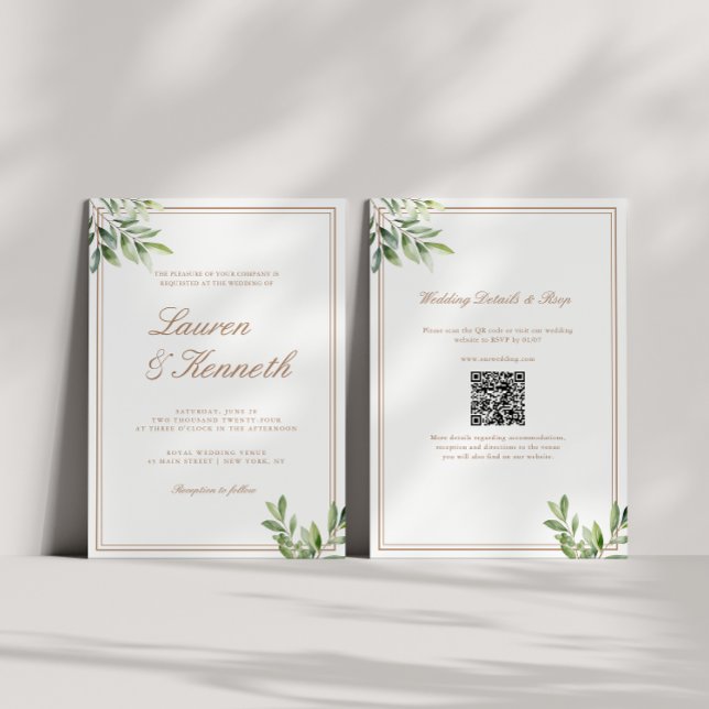 Convites Código QR de Casamento Eucalyptus de Taupe Leve (Criador carregado)