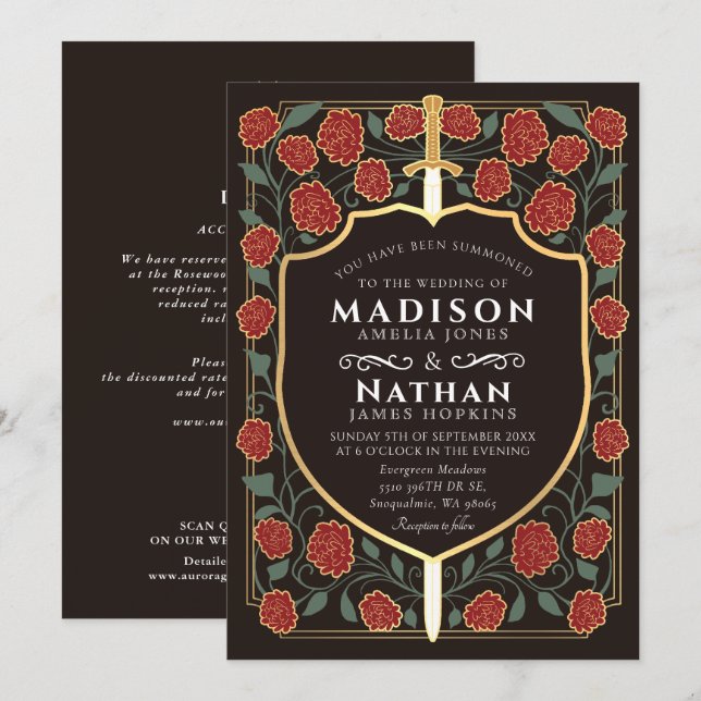 Convites Código QR de Casamento Fantasia com Escudo de Espa (Frente/Verso)