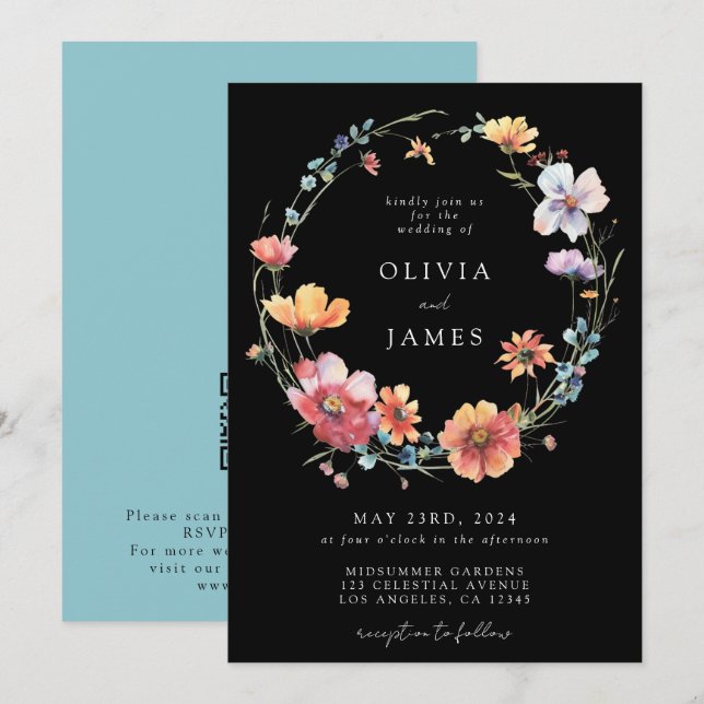 Convites Código QR de Casamento Flor Selvagem Preta (Frente/Verso)