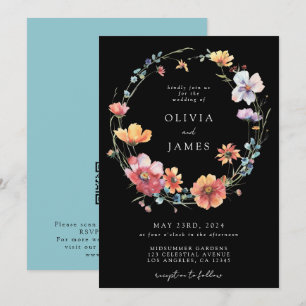 Convites Código QR de Casamento Flor Selvagem Preta