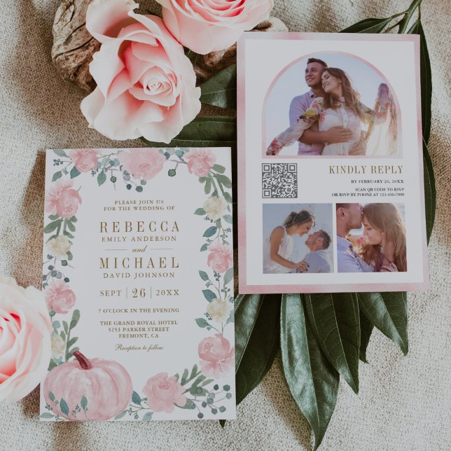 Convites Código QR de Casamento Floral Abóbora Rosa Desbota (Criador carregado)