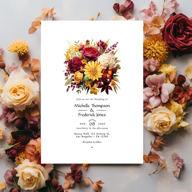 Convites Código QR de Casamento Floral Amarelo Maroon (Criador carregado)