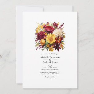 Convites Código QR de Casamento Floral Amarelo Maroon