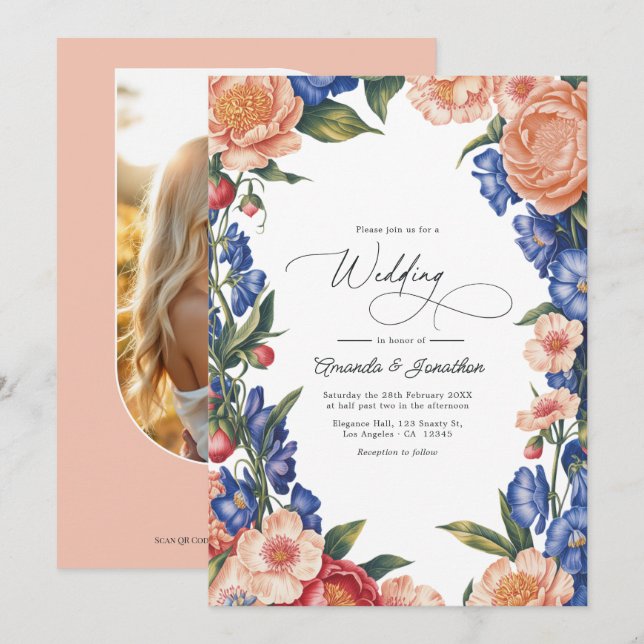 Convites Código QR de Casamento Floral Azul e Pêssego Elega (Frente/Verso)