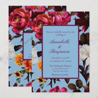 Convites Código QR de casamento floral azul poeirento e bur