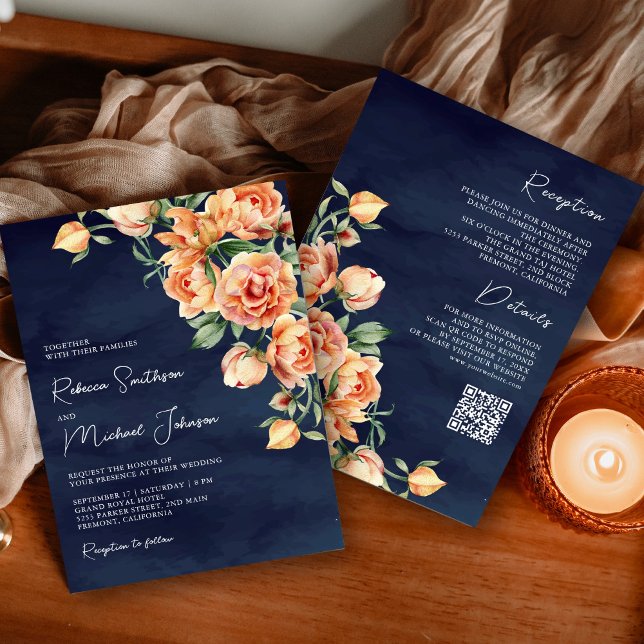 Convites Código QR de Casamento Floral Bege Terroso Naval R (Criador carregado)