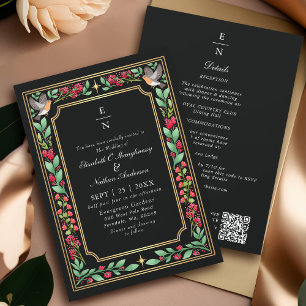 Convites Código QR de casamento floral botânico encantador