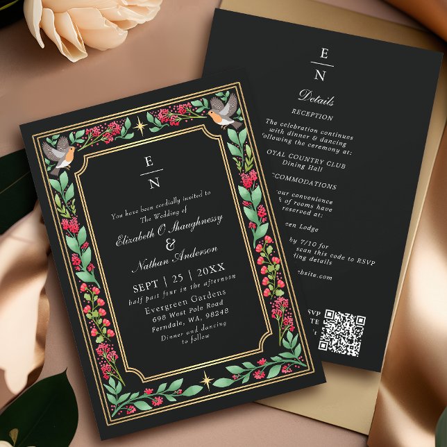 Convites Código QR de casamento floral botânico encantador  (Criador carregado)
