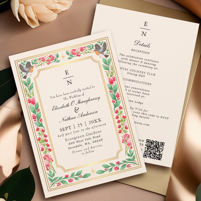 Convites Código QR de Casamento Floral Botânico Enfeitiçant (Criador carregado)