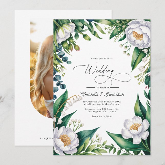 Convites Código QR de casamento floral botânico verde e bra (Frente/Verso)