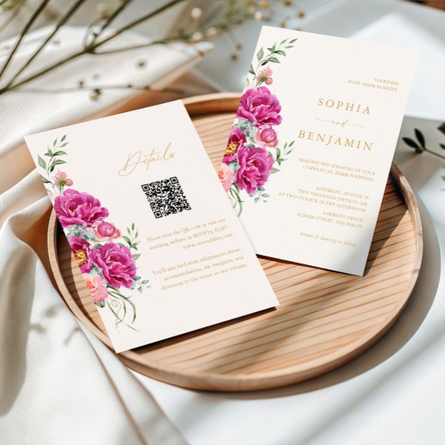 Convites Código QR de casamento floral cor-de-rosa vibrante (Criador carregado)