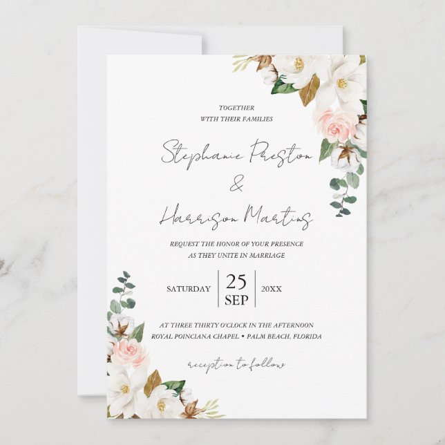 Convites Código QR de Casamento Floral de Magnolia Branca e (Frente)