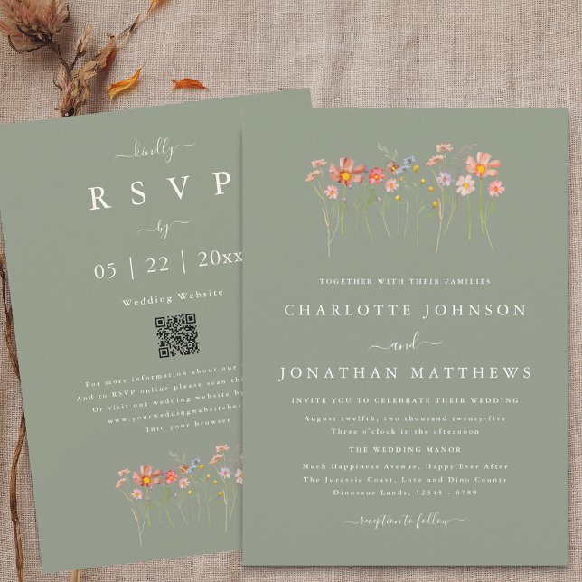 Convites Código QR de Casamento Floral de Outono com Flor S (Wildflower boho fall floral sage green Wedding qr code invitation Watercolor whimsical meadow flower)
