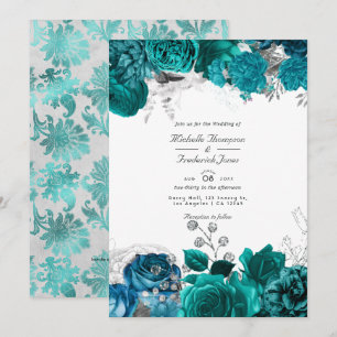 Convites Código QR de Casamento Floral de Teal e Prata Rsvp