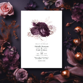 Convites Código QR de Casamento Floral Dourado e Roxo Escur