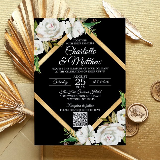Convites Código QR de Casamento Floral Dourado Preto Preto  (Watercolor White Black Gold Floral Wedding QR code Invitation)