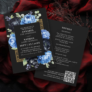 Convites Código QR de Casamento Floral Elegante Preto e Azu