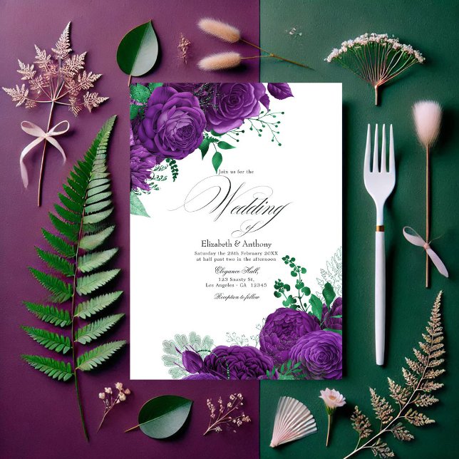 Convites Código QR de Casamento Floral Elegante Roxo e Verd (Elegant Purple and Green Floral Wedding QR Code Invitation)