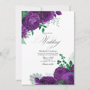 Convites Código QR de Casamento Floral Elegante Roxo e Verd
