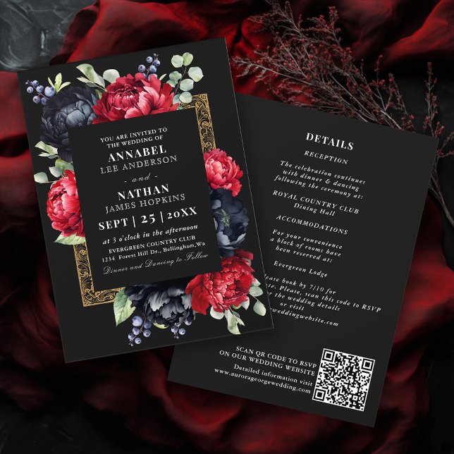 Convites Código QR de Casamento Floral Elegante Vermelho e  (Criador carregado)
