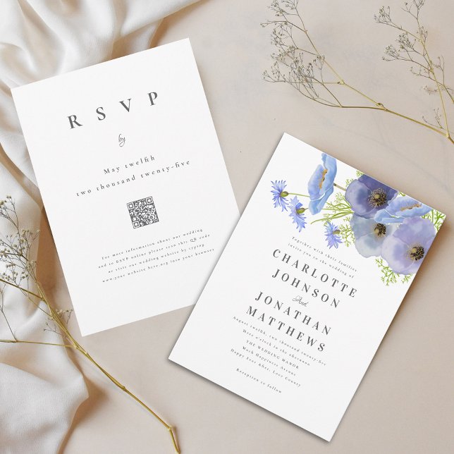 Convites Código QR de casamento floral em aquarela azul ele (Elegant watercolor wildflower blue floral bouquet wedding QR code invitation)