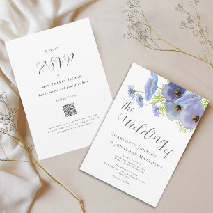 Convites Código QR de Casamento Floral em Aquarela Azul Ele