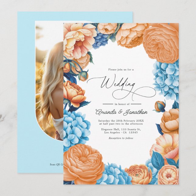 Convites Código QR de casamento floral em aquarela rosa e a (Frente/Verso)