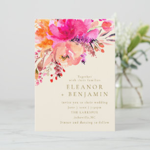 Convites Código QR de Casamento Floral em Aquarela Rosa Ele