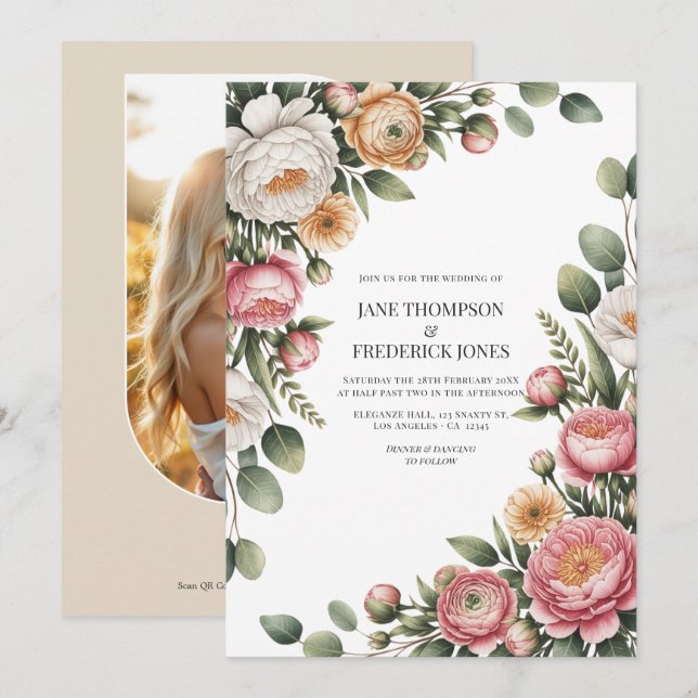 Convites Código QR de casamento floral em Sage, Blush e Lig (Frente/Verso)