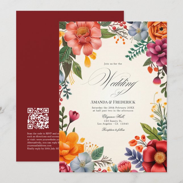 Convites Código QR de Casamento Floral Fiesta Vibrante em A (Frente/Verso)